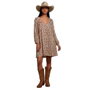 Peach Love  Floral Bell‎ Sleeve V Neck Mini Dress Boho Cottagecore Large